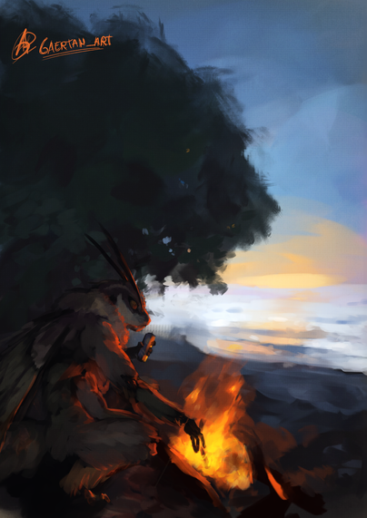 Digital illustration depicting an anthropomorphic hawk moth, at sunset on a beach, lighting a bonfire while holding a can of energy drink