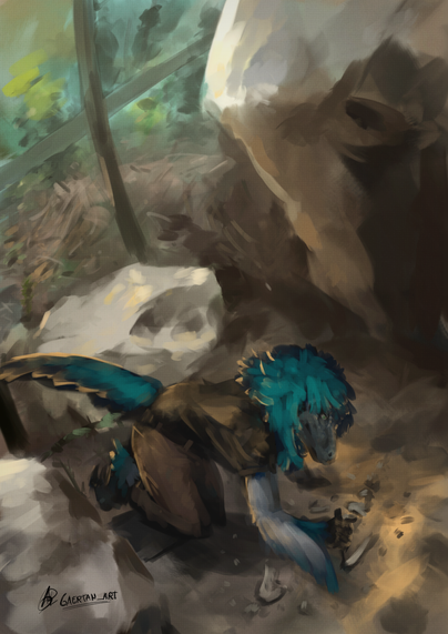 Digital illustration depicting an anthropomorphic velociraptor digging at some natural place(doing archaeology). They have a feather mane and short "wings" on the arms.The feathers and scales are teal and white.