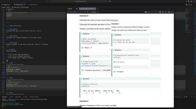 Split screen showing the same code editor on the left and a solutions page on the right displaying "Exercise 2." The solutions are presented in green-bordered callout boxes containing R code and outputs, including vector creation (x <- c(1L, 2L, 3L, 4L, 5L)), mean calculation showing "Mean: 3", standard deviation calculation showing "Standard Deviation: 1.58113883", and summary statistics displaying a table with Min, 1st Qu., Median, Mean, 3rd Qu., and Max values.