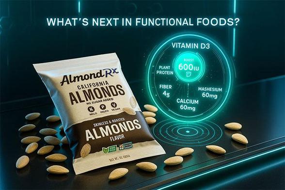 Futuristic flat-lay of blanched AlmondRx almonds with glowing nutrition dashboard overlay showing customizable boosts like Vitamin D3, protein, and fiber, highlighting the future of fortified foods and personalized nutrition.