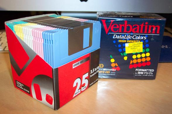 A pleasingly pastel box of generic "Error Free" 3.5-inch diskettes, and a much older box of Verbatim DataLife Colors diskettes which was discounted from $36.00 to the bargain price of $30.60.