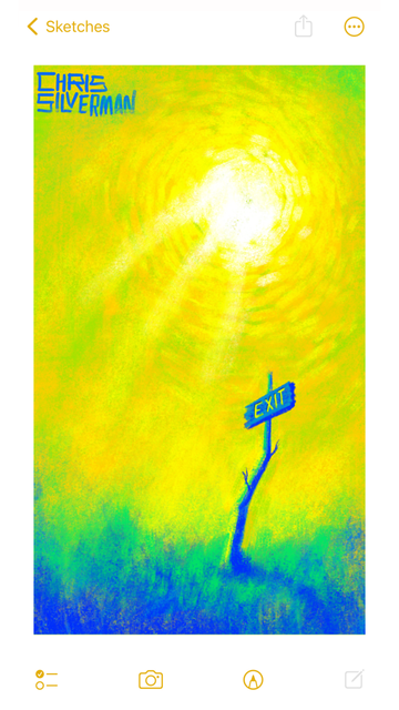 A greenish blue meadow under an eerily yellow sky. The entire scene is dreamlike and hazy. High in the sky is a blazing white sun, the light seemingly rippling out from it in waves. A few tendril-like sunbeams extend towards the ground. Planted in the middle right of the field is a small blue sign mounted on a crooked post, the word "exit" on it in yellow letters. The painting is signed "Chris Silverman".