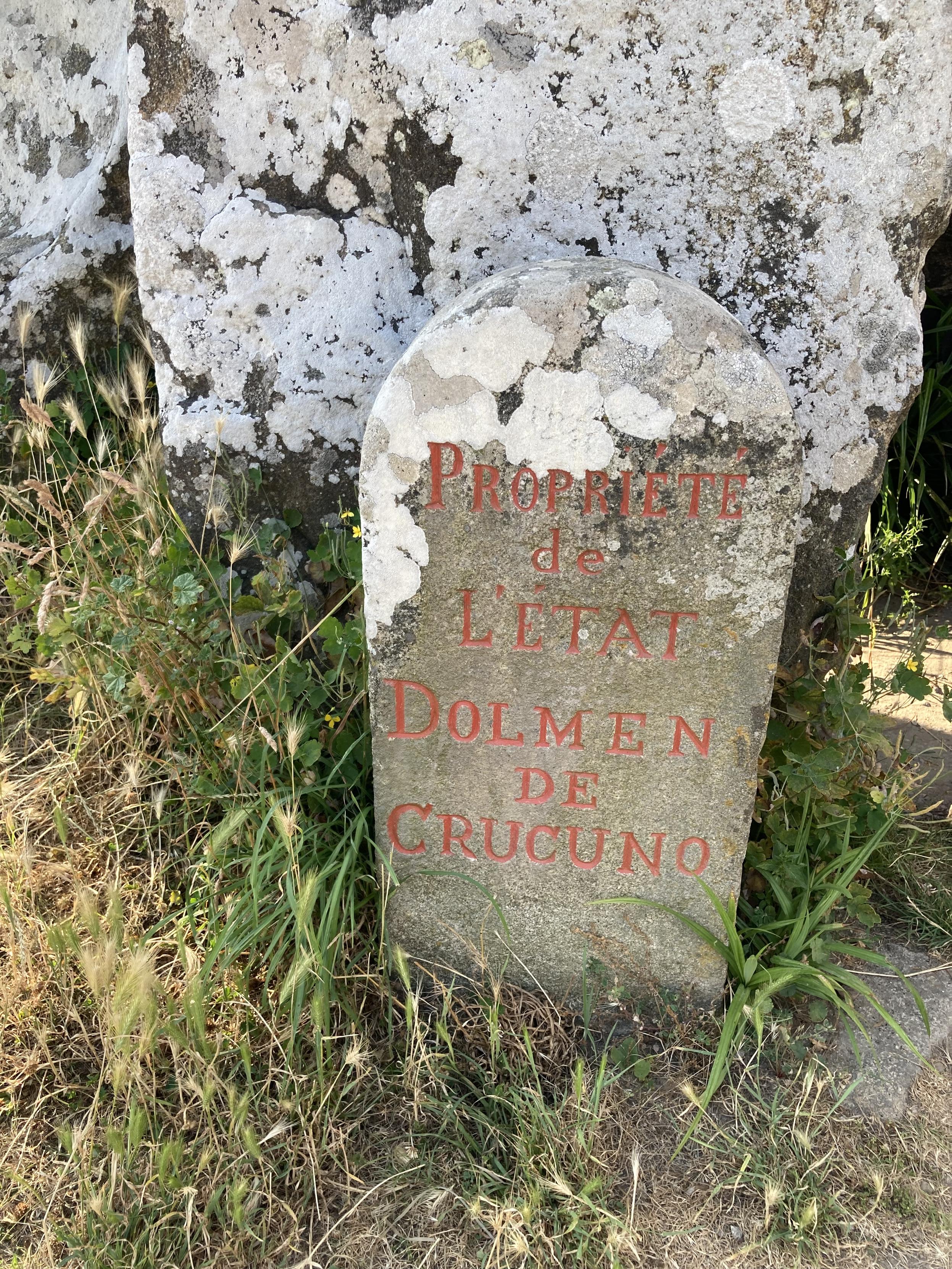 A stone sign indicating that the dolmen de Crocuno is state property. The shape of the stone reminds me of border stones written about in my comic/book “Along The Line”