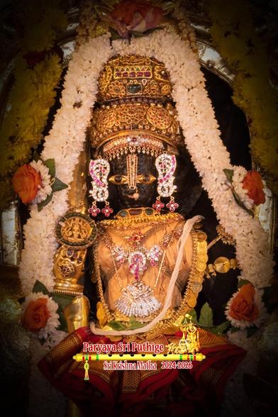 Closeup of an idol of Hindu deity Krishna in a gold-colored vest and red fluffy pants. Only the waist and above visible. Krishna wears a gold crown and many gold ornaments including a necklace with a stone studded medallion in the shape of a crown conch. A dense string of white flowers hangs from the crown and flows down on both sides of Krishna.