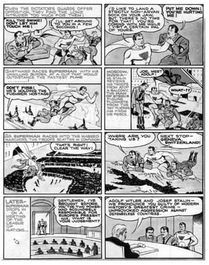 cf 1938
Look n°27 (février 1940). Superman amène les deux dictateurs Joseph Staline et Adolf Hitler (alors liés par un pacte de non-agression) devant la Société des Nations.
source : @hmedievale@sciences.re
