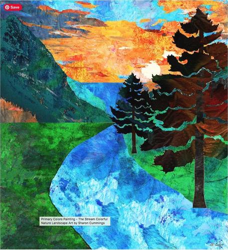 Colorful landscape with tall pines, a stream, mountain and the ocean in the distance by artist Sharon Cummings.