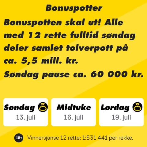 5 og en halv million norske kroner i en samlet tolverpott nå i dagens Tippekupong nå på Søndag.