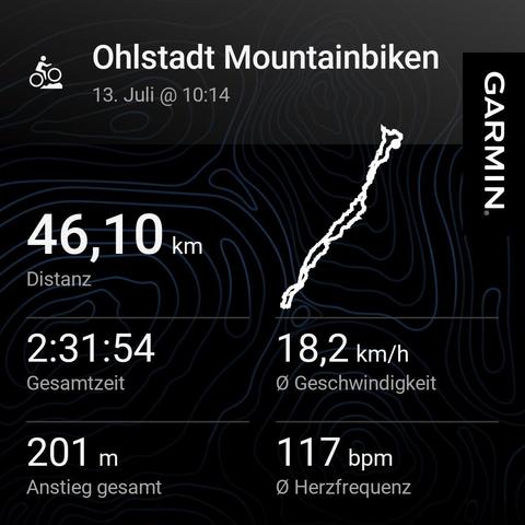 Mountain biking adventure in Ohlstadt, logged on July 13th at 10:14, showcasing an impressive 46.10 km ride completed in just over 2.5 hours. With a steady average speed of 18.2 km/h and a manageable heart rate of 117 bpm