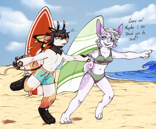 two anthro characters in the beach, one is being pulled by the other to the water and remarking "Come on! Maybe I can teach you to surf!"