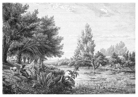 Landscape featuring a river with lush riverbanks dotted with trees, where a man can be seen playing the bagpipe.