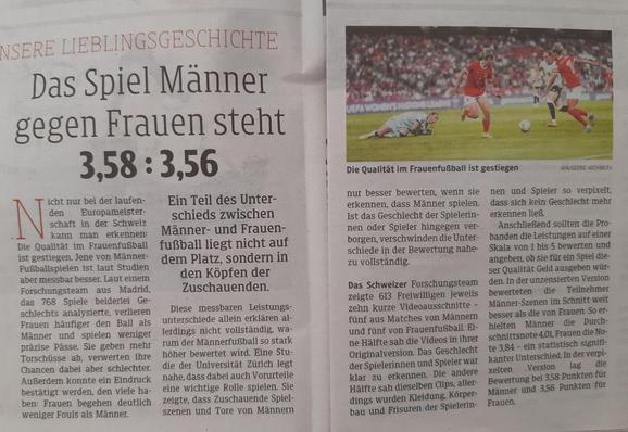 Artikel aus der KLZ vom 13.7.2025: "Das Spiel Männer gegen Frauen steht 3,58:3,56" Ein Text, der sich auf eine Studie beruft, die Fußball von Männern und Frauen vergleicht. Rechts oben ein Foto mit Bildunterschrift: "Die Qualität im Frauenfußball ist gestiegen"
