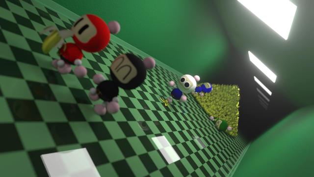 White Bomber slipping on a banana peel in a hallway as Red and Black walk away. For some reason, a pile of bananas exists with Blue sleeping on top and Green dead underneath.