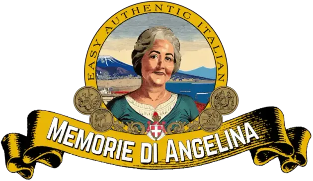 The image features a circular emblem with a central portrait of a woman with gray hair, wearing a teal dress with a white collar. Behind her is a scenic background depicting a mountain with snow-capped peaks and a body of water, likely representing a coastal or lakeside view. The text "EASY AUTHENTIC ITALIAN" is inscribed along the top edge of the circle. Below the portrait, a banner with the text "MEMORIE DI ANGELINA" is displayed in bold, white letters on a yellow background. The emblem is fr…