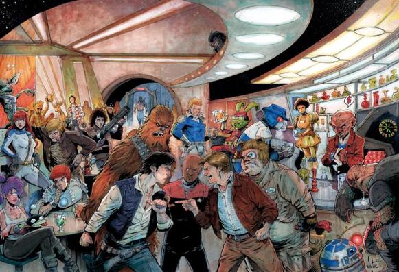 Scifi-Mashup - zu sehen ist eine futuristische Bar, und im Innenraum drängen sich Charaktere aus den verschiedensten Science-Fiction-Serien wie z. B. Star Wars, Battlestar Galactia, Captain Future, Futurama, Star Trek, etc.