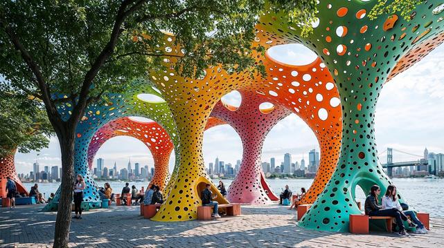 A forest of iridescent micro-perforated pergolas
Thousands of oculi pierce the surfaces, lighten the mass and sift the light into a constellation of colours.