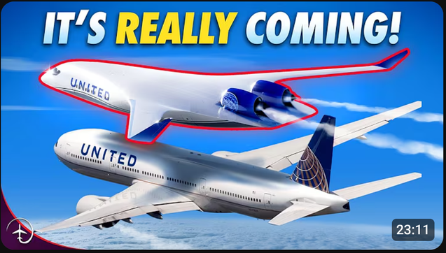 youtube video thumbnail with a big futuristic plane sitting on top of a big normal plane (both with United livery), as if they were animals mating, and a big bright caption "IT'S REALLY COMING!"