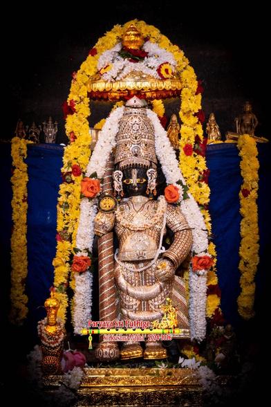Idol of Hindu deity Krishna diamond-clad with a matching crown and a similarly clad staff in right hand, standing on a gold-covered slab. A string of white flowers hangs from the crown and flows down on both sides of Krishna. A small gold umbrella over the crown. A string of yellow flowers hang from the top of the umbrella and flows down to the floor on both sides of Krishna. A string of white flowers on top of the umbrella. Blue cloth background. A string of yellow flowers at each end.