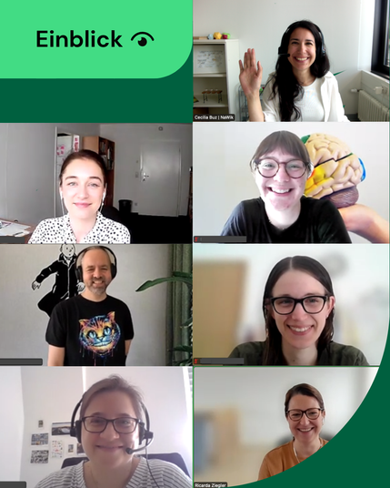 Sieben Personen, die an einem Online-Workshop teilnehmen. Links in der Ecke: Ein grünes Icon mit dem Wort Einblick und einem Auge als Symbol in der Mitte. 