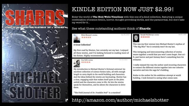 An image featuring 5-star reivews for Michael Shotter's book "Shards" from Brian Bowyer, Coy Hall, and Ronald McGillvray