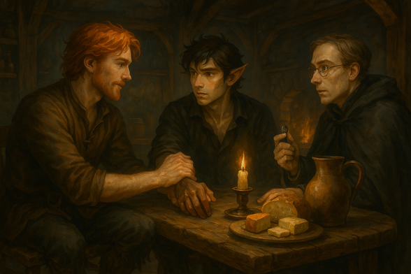 Після теплої згадки про батьків Квоут робить паузу в оповіді й влаштовує для Літописця невеличкий перекус у «Вітряній заставі». До зали тихцем заходить Баст із глечиком сидру. Та лишається він не непоміченим: Літописець, придивившись, раптом зблід—його погляд вихоплює з-під столу роздвоєні копита юнака. Рефлекторно він кладе перед собою залізний талісман; Баст вигинається від болю, готовий кинутися в атаку. Квоут миттю перехоплює Баста за зап’ястя й спокійно, але жорстко наказує прибрати залізо. Напруга спадає, чоловіки незграбно тиснуть одне одному руки, а господар подає сир, хліб і мед, повертаючи усім людську подобу буденного затишку. Перш ніж повернутися до спогадів, Квоут попереджає: далі історія внесе похмуріші барви.
    Та шо ж, далі, друже, буде вже не лише пісня й сміх, а й порох та сльози,—ніби каже нам Квоут, піднімаючи келих сидру.