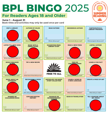 BPL summer reading bingo card  for adults, 13 bingo chips on the card, still no bingo