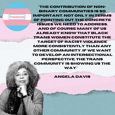 Text reads "The contribution of non-binary communities is so important. Not only in terms of pointing out the concrete issues we need to address, and of course many of us already know that black trans women constitute the target of racist violence more consistently than any other community. If we want to develop an intersectional perspective, the trans community is showing us the way." Angela Davis

Image is a black and white photo of Angela Davis with a trans flag background. 