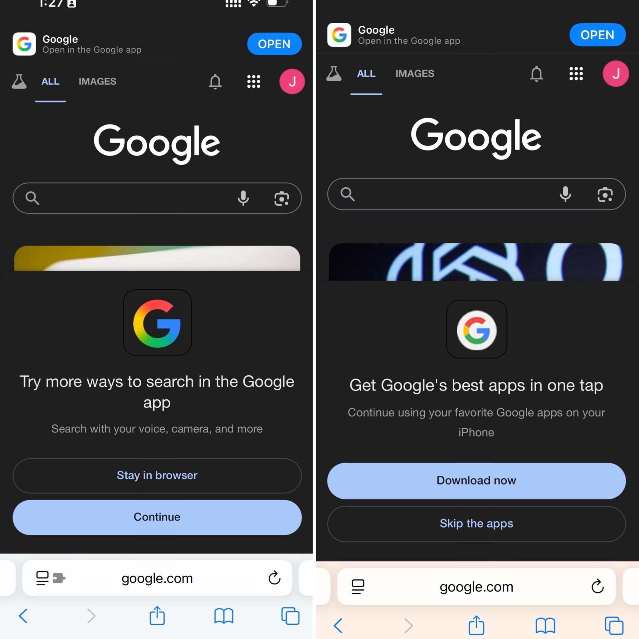 Image depicts a side-by-side view of a mobile Google search page in dark mode. The left screen prompts users to try more ways to search in the Google app, while the right screen encourages downloading Google apps for iPhone. Both screens include option buttons but are switched. 