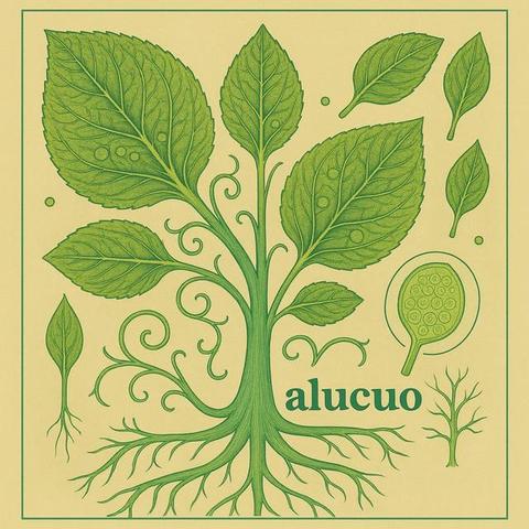 This is the cover of Alucuo's self titled debut single depicting an illustrated green plant with detailed leaves and roots on a beige background. The word "alucuo" is displayed prominently below the plant.
