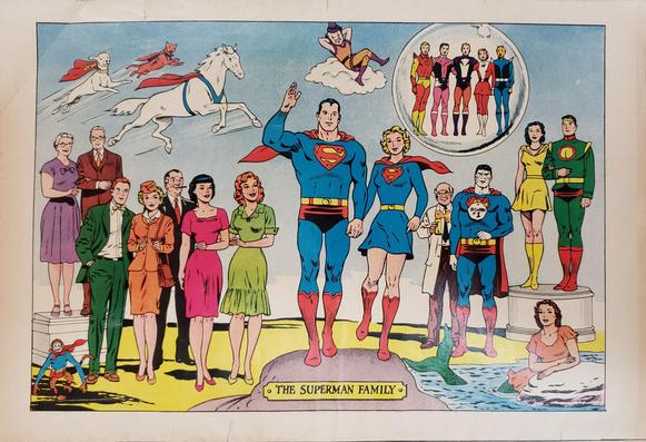 A comic book back cover portrait of "The Superman Family" includes 24 popular characters from the early 1960s.