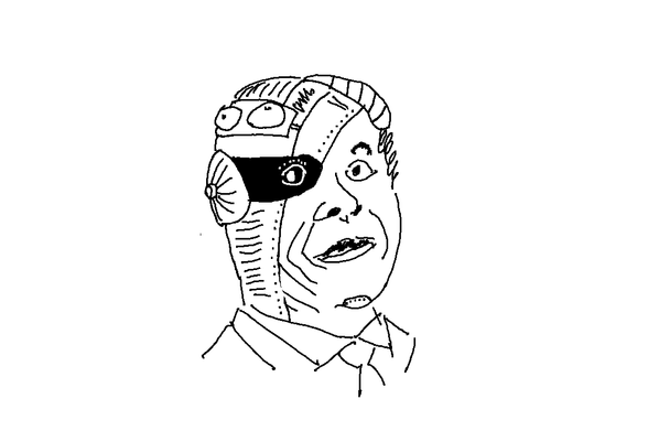 Poorly drawn black and white caricature of Andrew Cuomo, with the cyborg parts of Mecha Frieza from the Cell Saga of DBZ.