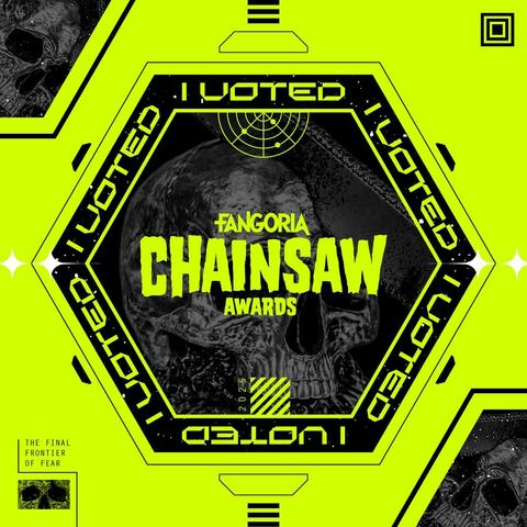 FANGORIA Chainsaw Awards "I Voted" sticker, green and geometric.