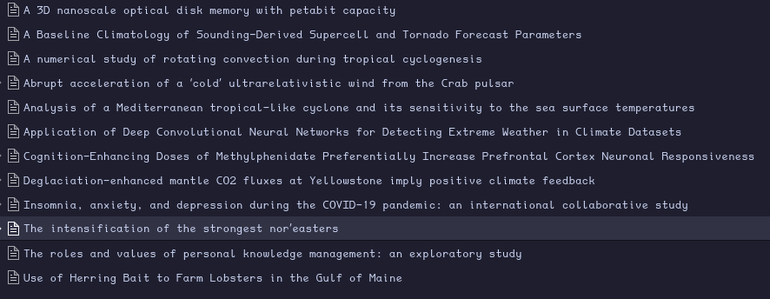 a list of articles in zotero such as "a 3d nanoscale optical disk memory with petabit capacity", "the intensification of the strongest nor'easters" and "use of herring bait to farm lobsters in the gulf of maine".