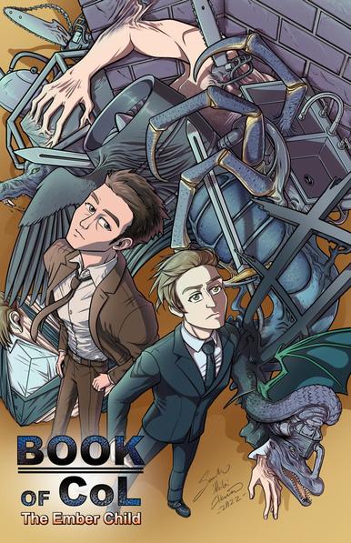 Two figures wearing suits look up at the camera. The person on the left has on a messy brown suit and tie, his short hair is also a mess. This is Detective Eugene Windgate. The person next to him wears a blue-sh black suit and tie. Their hair is a lighter brownish-blonde and their skin is more pale. A mass of things, mechanical and biological grow from their left arm, including but not limited to: an alligator head, dragon wing, motorcycle engine block, ceiling support beams, giant coconut crab legs and body, kitchen sink, brick wall, multiple chainsaws, bird wing, wolf head, jet engine, another human arm and torso, and a cube that's wearing the same suit and tie as the rest of that figure. A human ear and hair are visible on the meatcube. This is Detective Page Simmons. Text on the image reads "Book of CoL: The Ember Child." A signature at the bottom reads "Sarah 'Neila' Elkins 2022"