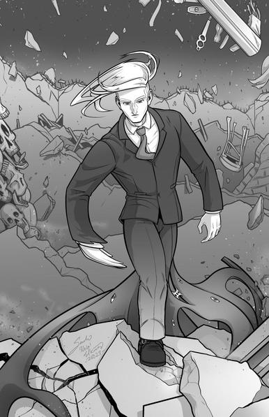Digital illustration of a pile of rubble that was once the nightclub called "Stick Shifter's." Debris rains from the sky, including a bar tap and stool, as a broad shouldered buff figure in a dark suit and tie steps forward. This figure is Detective Page Simmons. Their hair is shaved on the sides with the longer portion whipping in the wind. Their left hand looks normal but their right is partially forming as if it's made from liquid. Their right leg and boot are planted on a large piece of rubble but their left leg is a warped set of tendrils and metal and eyes that is emerging from the rubble. A signature on the image reads "Sarah 'Neila' Elkins 2023"