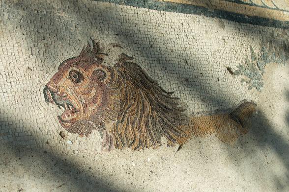 Mosaic of a male lion. He has his maw open and his eyes are wide. The artist gave him a blonde mane.