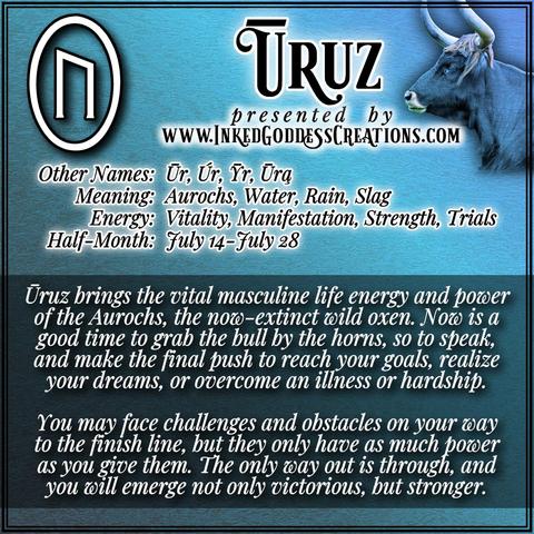 Black and white text is overlaid on a blue-green background. There is an aurochs-type bull with curved horns in the top right corner. The text defines the Norse rune Uruz and its runic half-month, the rune's symbolism and magickal interpretation, and what to expect during this time. Presented by Inked Goddess Creations.