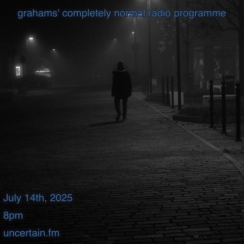 A man walks away from the camera in the dark

Blue text overlaid promoting a radio show, details in the main post.