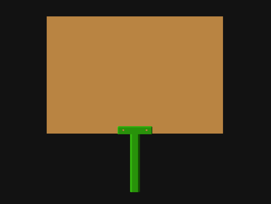 An OpenSCAD render of two 3D printed parts that form a sign handle with a mockup of a 18" x 12" cardboard sign.