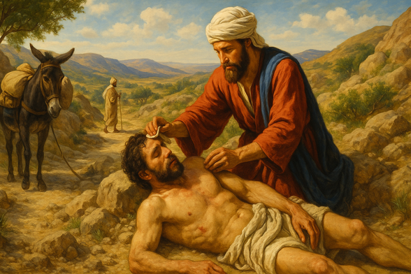 A Samaritan man leaning over to help another man who is injured on the side of the road