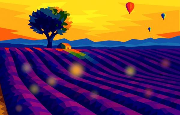 A purple field under balloons, a house and a tree against the backdrop of mountains - visual meditation.