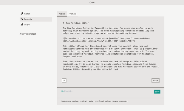 Screenshot of the new AI interface of Typemill