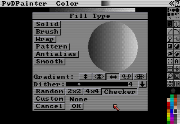 PydPainter Fill type. Random, 2x2,4x4,Checker and Custom buttons added with gradient preview of a simple checker dithering.
