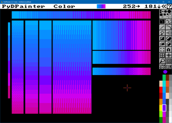 Various pixel art gradient patterns (dithering) for the next release of PyDPainter.