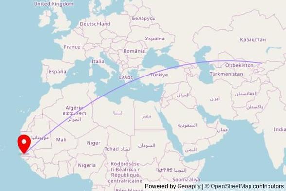A map showing the great circle route from Talas City in Kyrgyzstan to a map pin at Dutabulu mosque, Dutabulu, Dutabullu, The Gambia