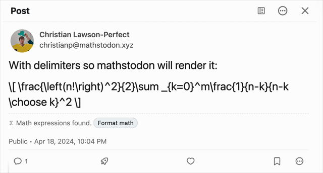 Demo of math formatting feature that converts LaTeX to MathML in a post.