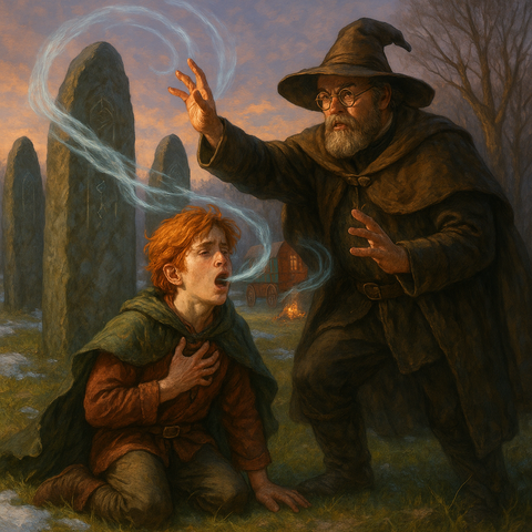 У чотирнадцятому розділі — символічно названому так само, як і весь роман — оповідач заглиблює нас у ще одну вирішальну мить дитинства Квоуте. Зимова мандрівка трупи добігає кінця, а навесні Абенті (Бен) продовжує навчати хлопця симпатії. Та Квоуте вже не задовольняється «утилітарною» магією: він одержимий прагненням дізнатися Ім’я вітру.Під час уроку Бен провокує учня задачами — спершу про кип’ятіння води, згодом — про те, як збити з неба яструба. Відповіді Квоуте стають дедалі сміливішими, поки він, сподіваючись виманити «таємницю» іменування, необачно зв’язує повітря у власних легенях із зовнішнім повітрям. Це викликає раптову відсутність кисню: хлопець задихається. Бен рятує його, сам покликавши вітер, але шок і лють наставника дають Квоуте перший справжній урок про межі сили та ціну бездумного ризику. Нервове напруження проривається довгою мовчанкою. Бен, усвідомивши, що розумний, та все ж «необачний» одинадцятирічний учень уже впритул підійшов до небезпечного мистецтва naming, вирішує різко обмежити подальші уроки: жодної алхімії, ніякої сигалдрії, лише «безпечна» симпатія. Саме ця подія стане точкою, з якої їхній час разом стрімко тане.
