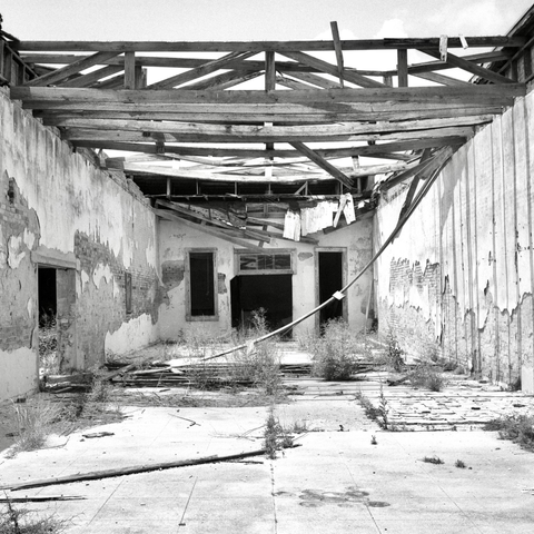 A black and white film photo. Only the wood rafters remain from the roof of an old abandoned building in Bartlett, Texas. Sunday, June 15, 2025.