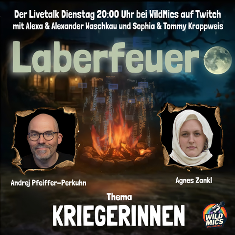 Ankündigung wie im Posting beschrieben mit Fotos der Gäste und im Hintergrund ein Lagerfeuer in dem Themen und Sprechblasen angedeutet sind. Dazu das Logo des Twitch Kanals Wild Mics.