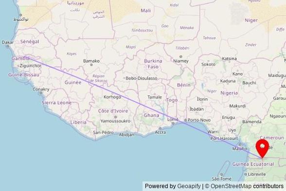 A map showing the great circle route from Dutabullu in Gambia to a map pin at Catedral de Ebebiyín, Carretera Micomeseng - Ebebiyín, Ebebiyín, Equatorial Guinea