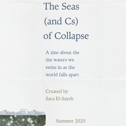 A white folded piece of paper with blue and tan text reading, "The Seas (and Cs) of Collapse, A zine about the waters we swim in as the world falls apart, created by Sara El-Sayeh, Summer 2025." In the bottom left hand corner are green and white pixelated circles with minimalist blue wave graphics.